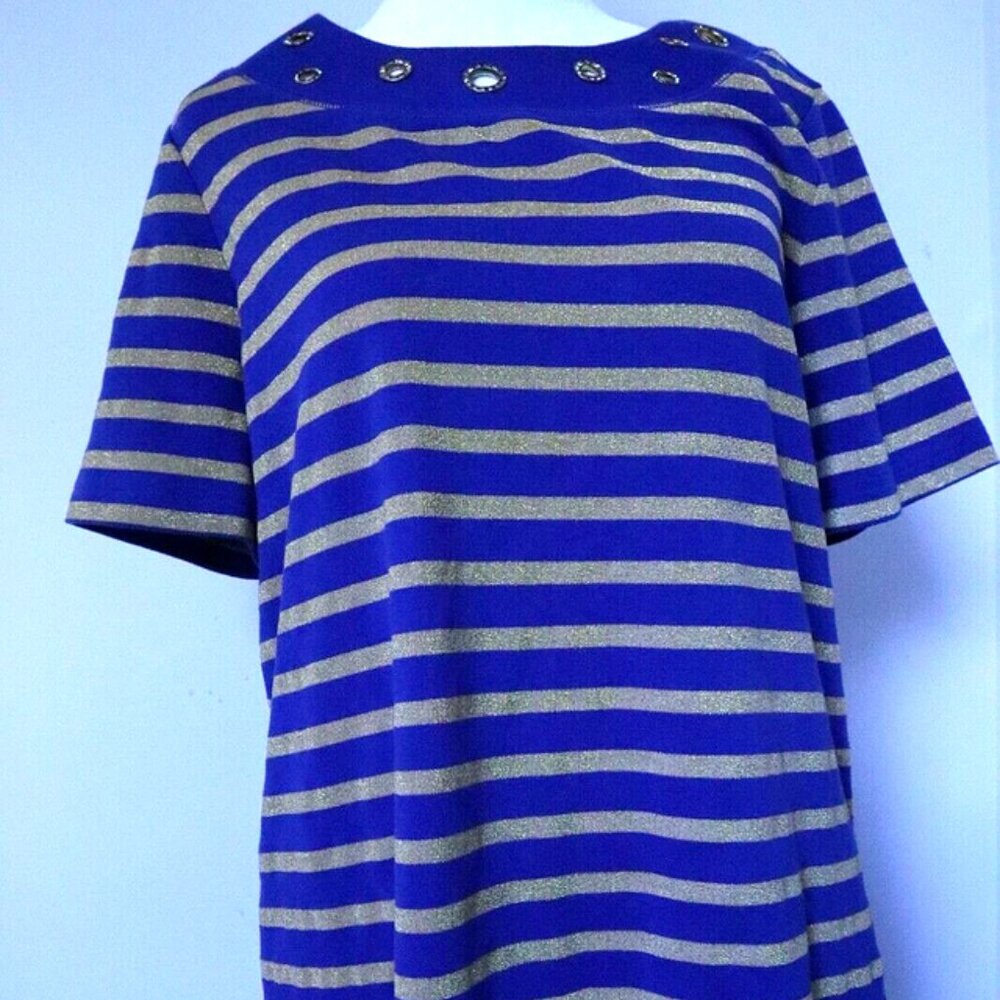 Quacker Factory Women's Blue/Gold Glitter Striped Blouse Size Medium